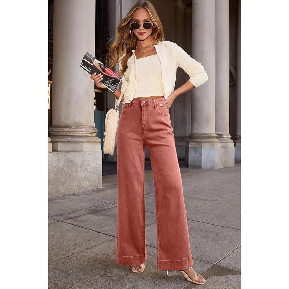 Women Redwood Burl Casual High Waisted Stretch Button Wide Leg Loose Denim Jeans - Picture 4 of 6